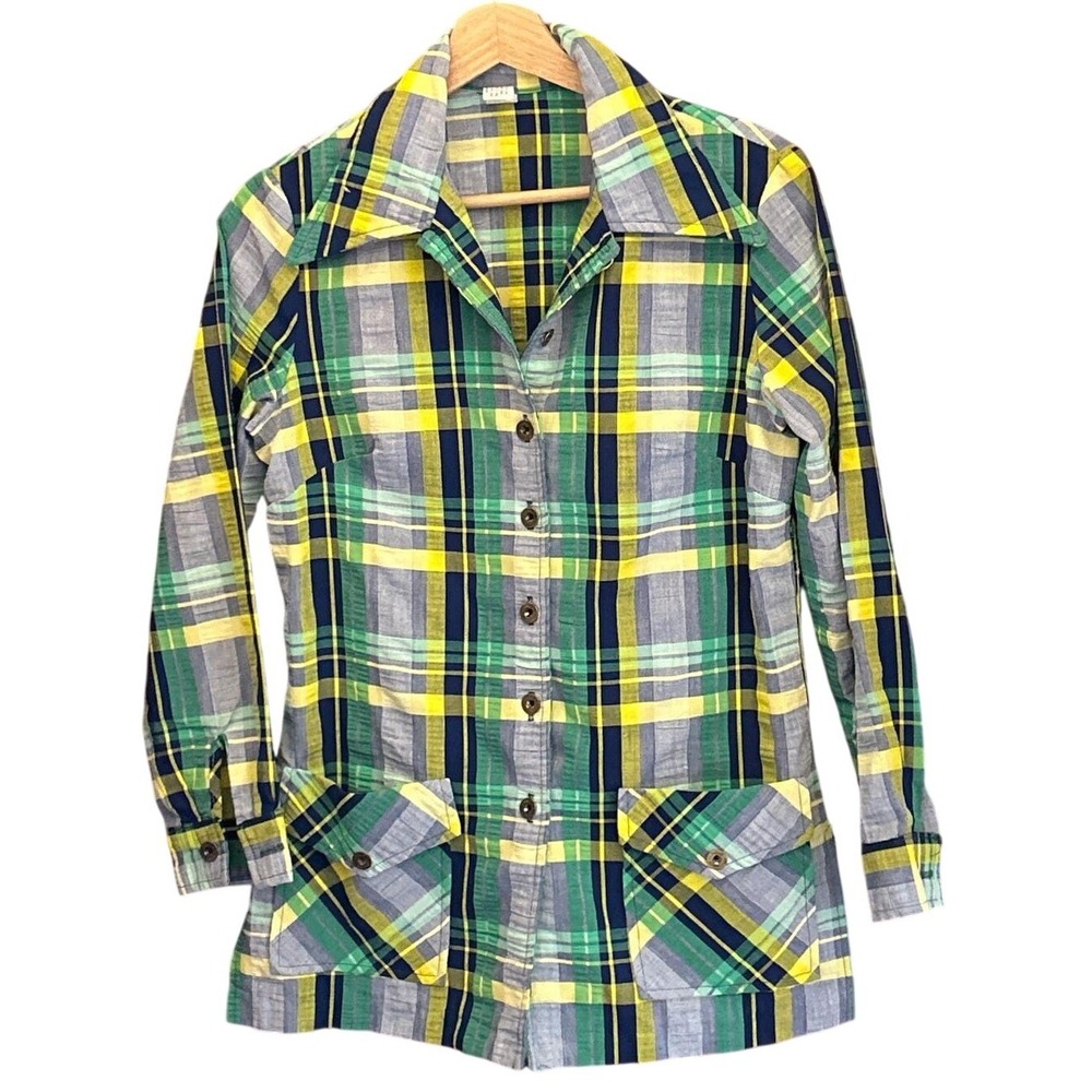 Vintage 70s Plaid Button Down Shirt Retro Mod Disco Style Green Yellow Eclectic